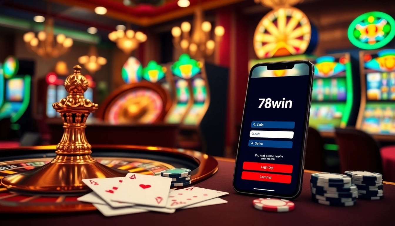 Experience the thrill of 78win đăng nhập with vibrant casino elements including poker chips and a roulette wheel.