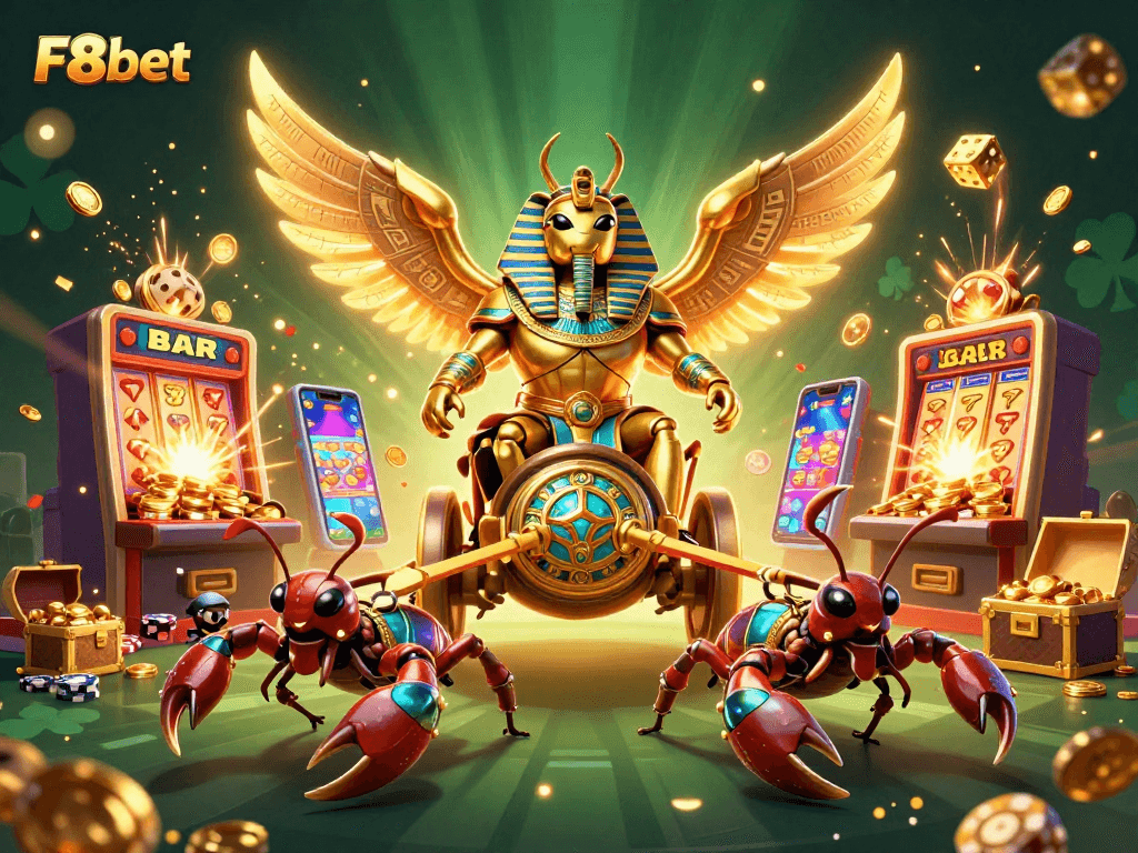 Experience jackpot excitement with F8bet's vibrant casino-themed illustration featuring a golden scarab and scorpions.