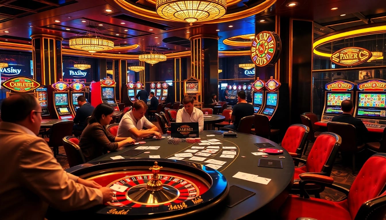 Players engaging at the poker table in a luxurious casino setting at XX88, featuring vibrant slot machines.