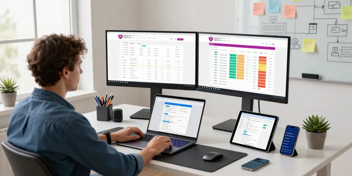 Professional workspace featuring WPS Official Website on monitors, showcasing productivity tools and modern tech.