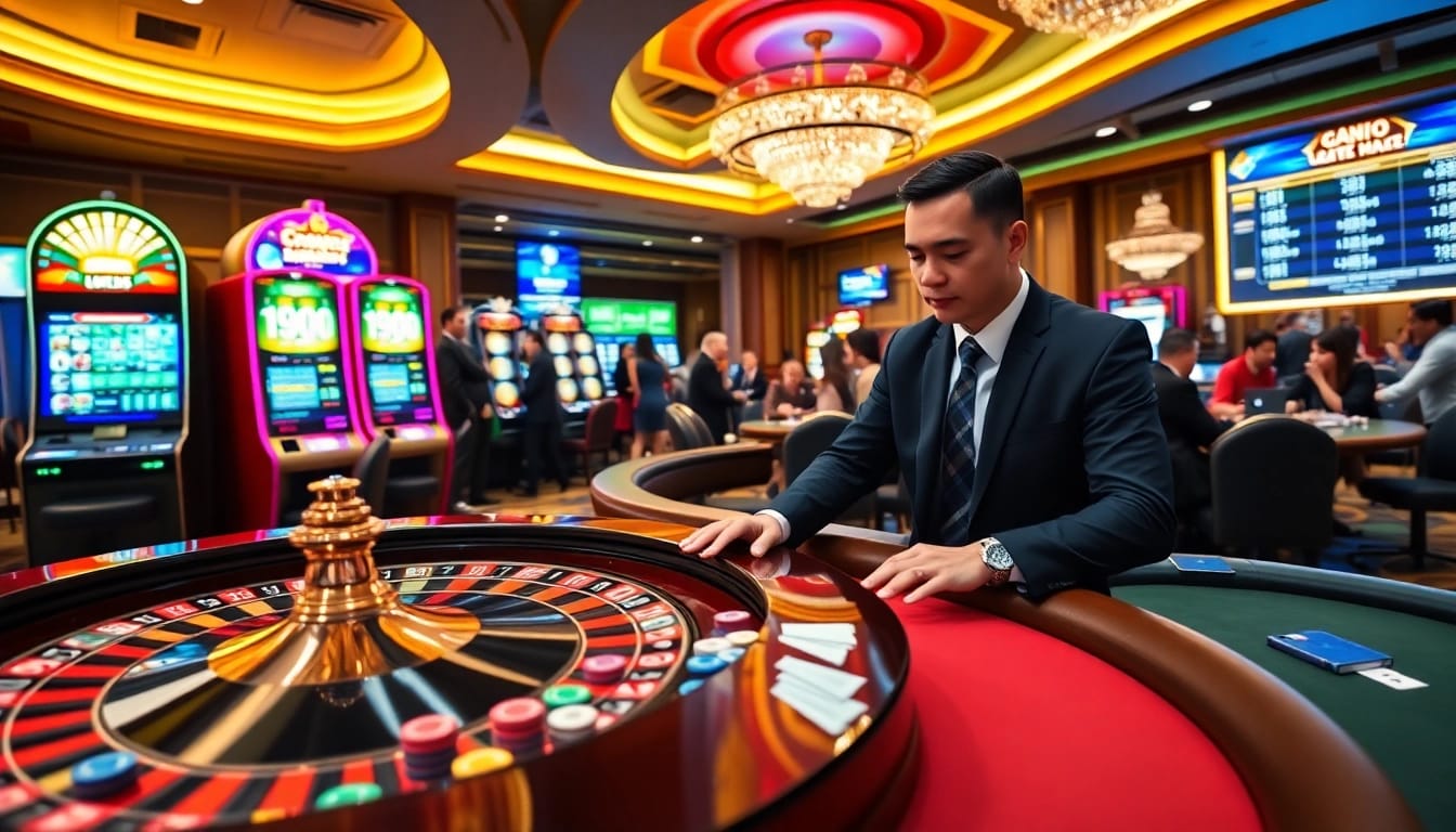 Exciting gambling scene at cm88.mobi featuring a vibrant casino atmosphere with roulette table and players.