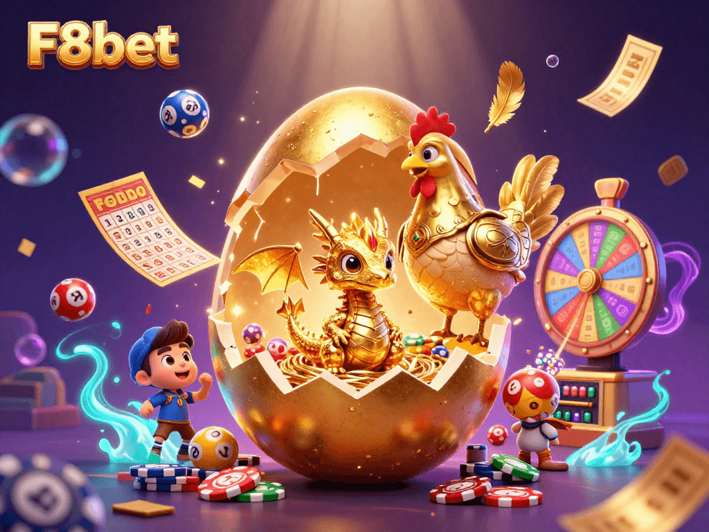 Experience thrilling wins with F8bet's golden treasures in a vibrant casino scene.