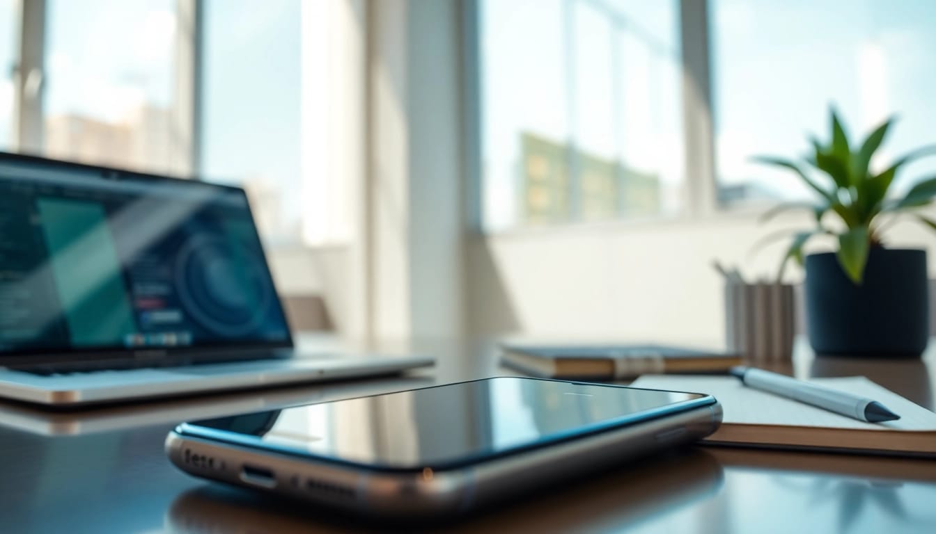 快连下载 app showcased on a mobile device in a modern workspace environment, emphasizing connectivity and technology.