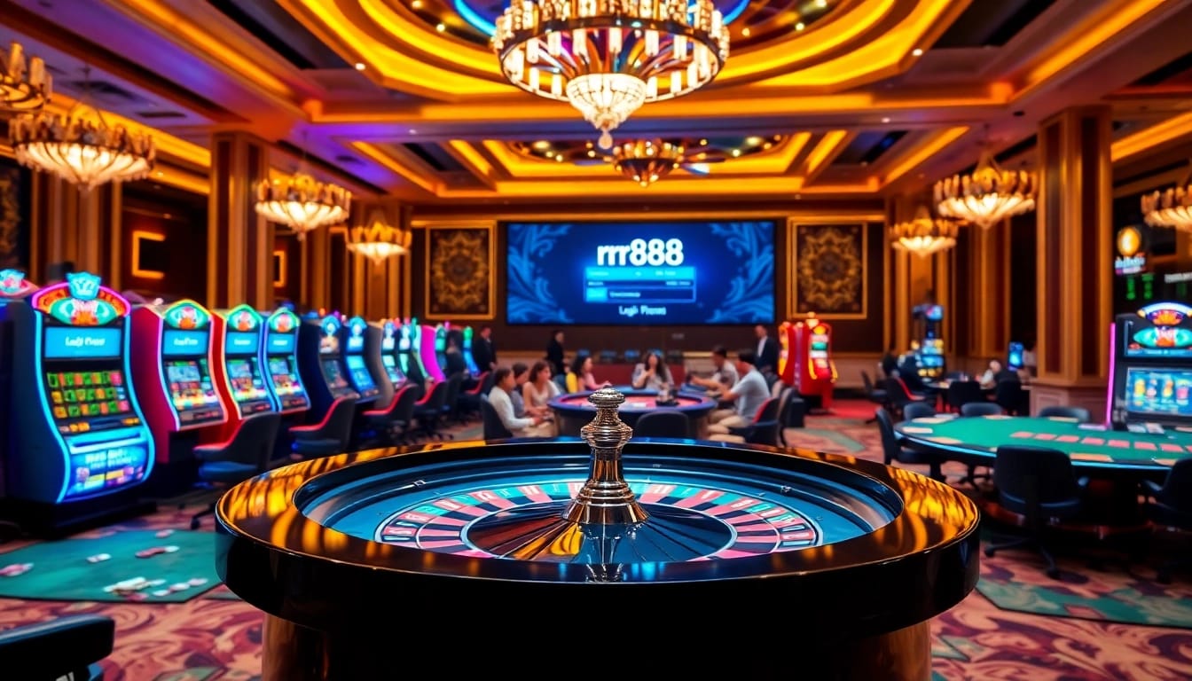 Experience rr88 đăng nhập in a vibrant casino atmosphere filled with gaming tables and slot machines.