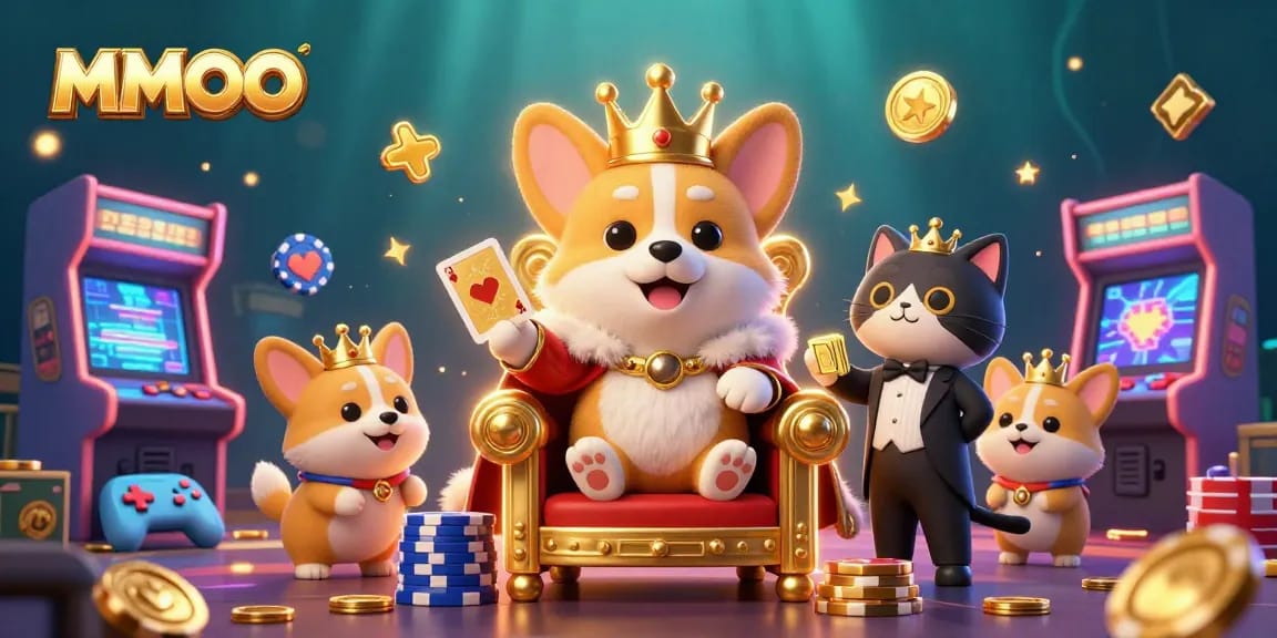 Experience winning moments at MMOO with a royal corgi and vibrant casino elements.