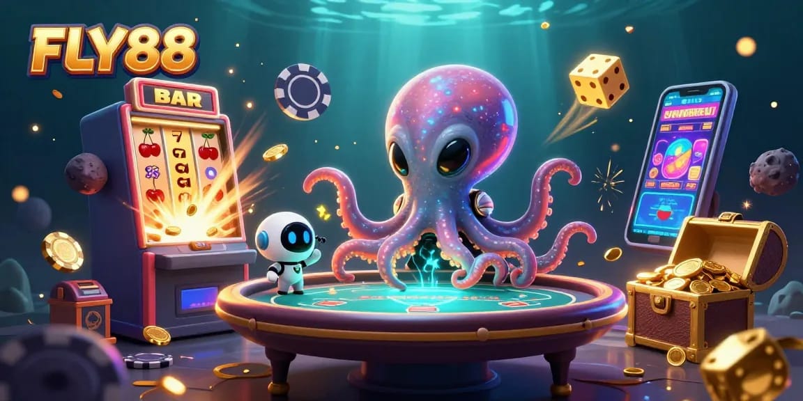 Experience thrilling entertainment at FLY88 with vibrant 3D alien octopus and exciting casino action.