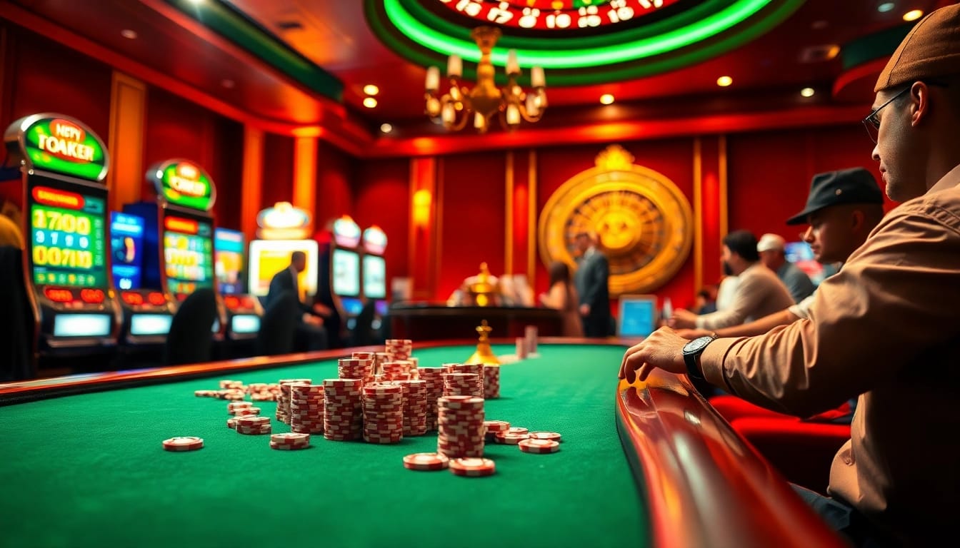 Experience the thrill of C168COM with intense poker action amidst vibrant casino gaming elements.