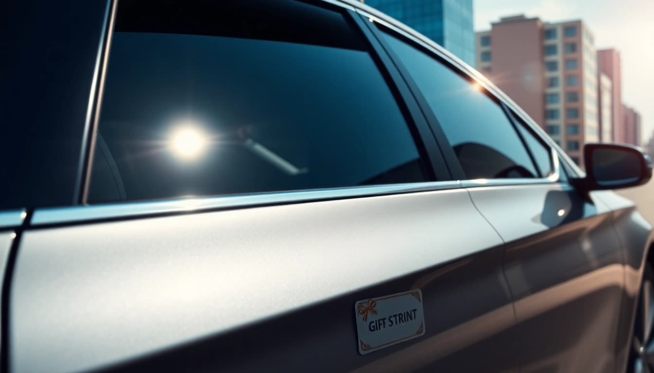 Featuring a window tint gift card, this image shows a modern car with sleek tinted windows in a vibrant city.
