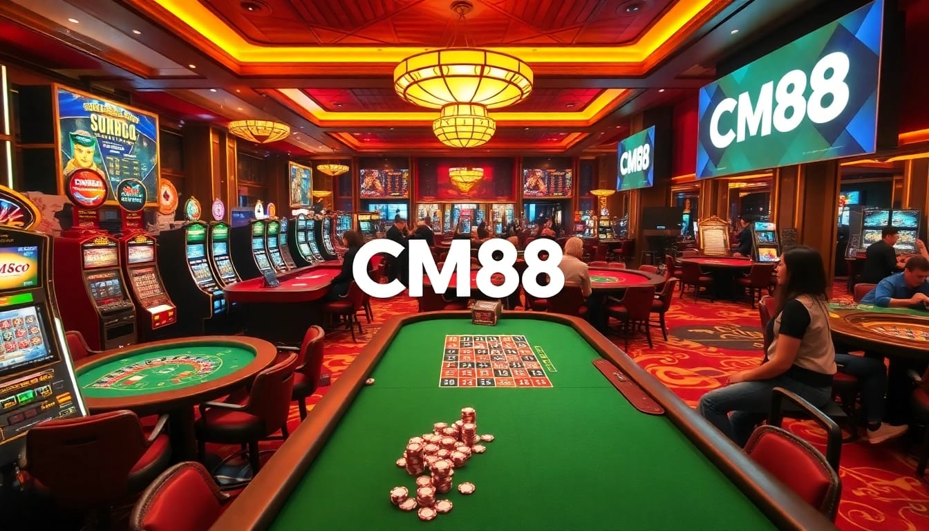 CM88 players enjoying thrilling moments at a luxurious casino, with vibrant slot machines and card games.