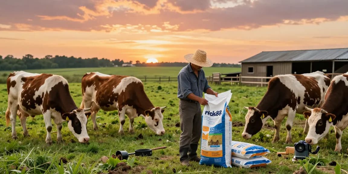 Farmer with rokok88 livestock feed bags in a vibrant farm during sunset.