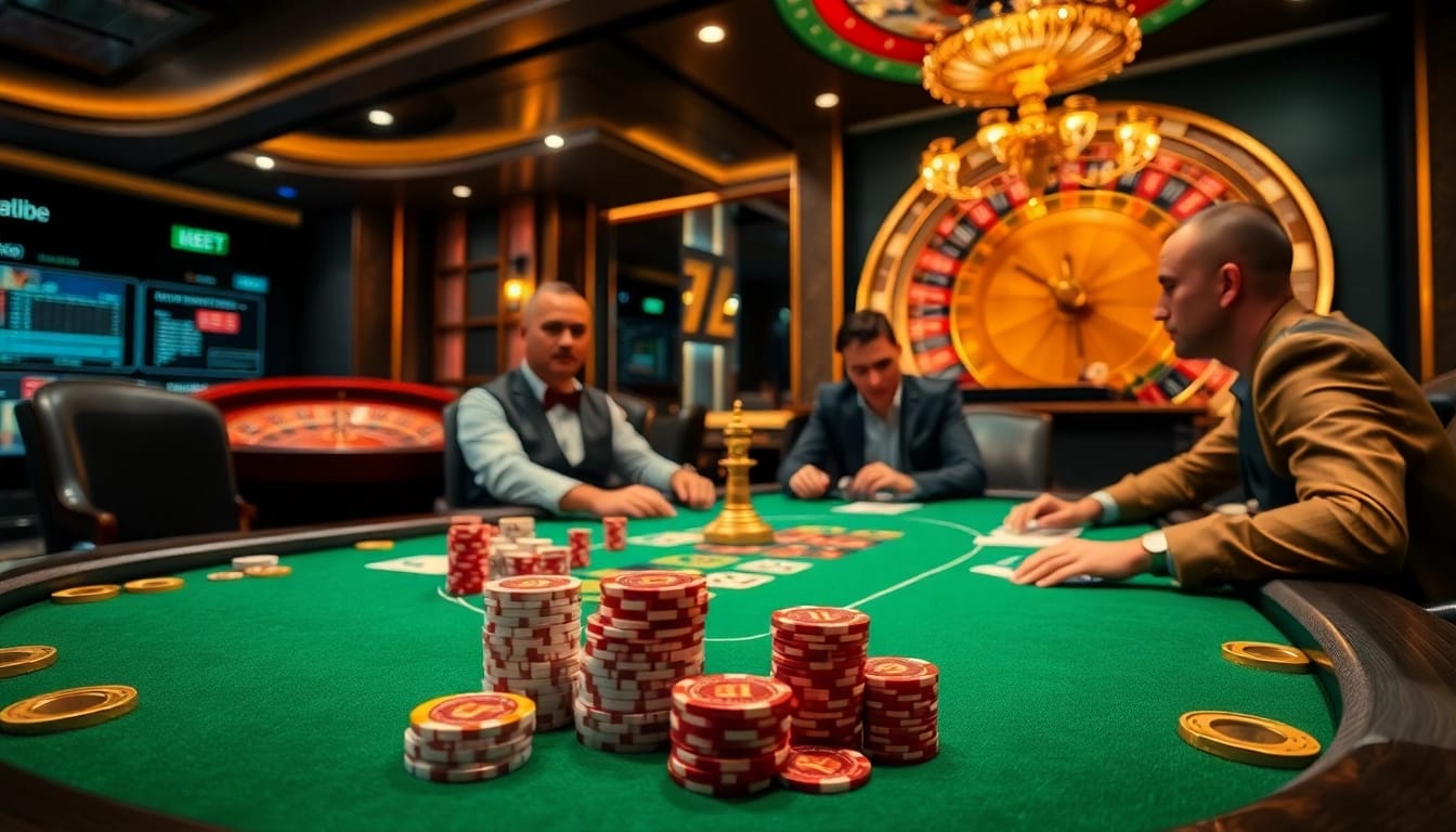 Players engage at a thrilling poker table with chips and cards, showcasing https://debet678.com/ for gamblers.