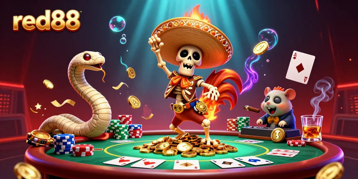 Experience the excitement of red88 with a vibrant 3D scene featuring a winning mariachi rooster and poker elements.