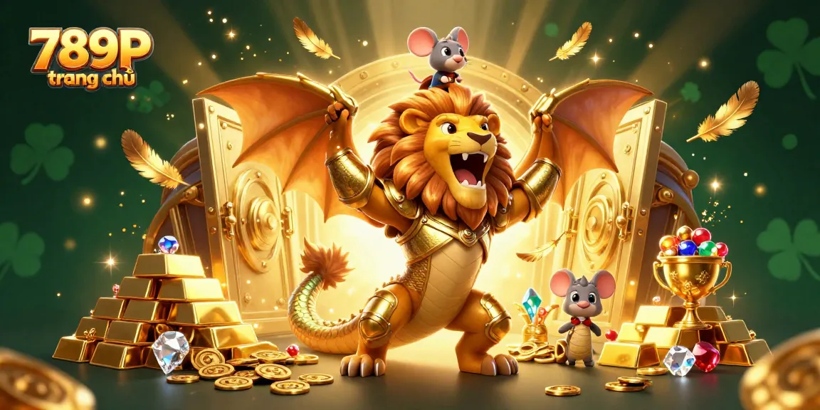 Engage with the thrilling world of 789P trang chủ, featuring a majestic chimera amidst a treasure-filled casino.