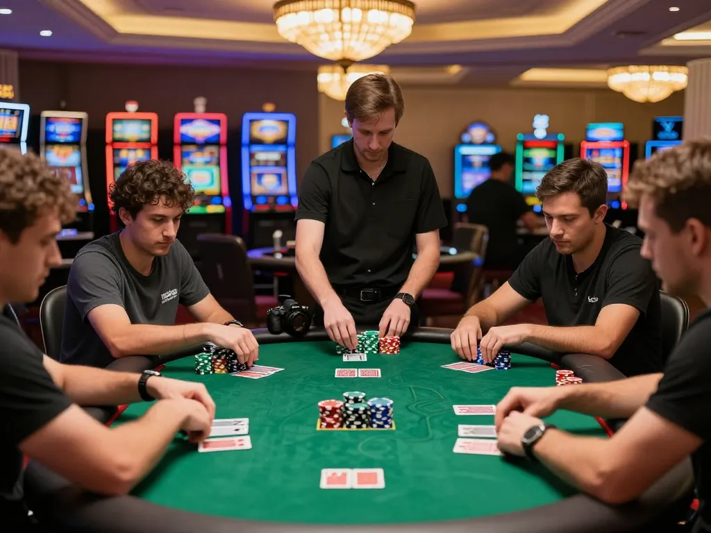 Players strategizing in a high-stakes poker game at torxentertainment casino, vibrant atmosphere.
