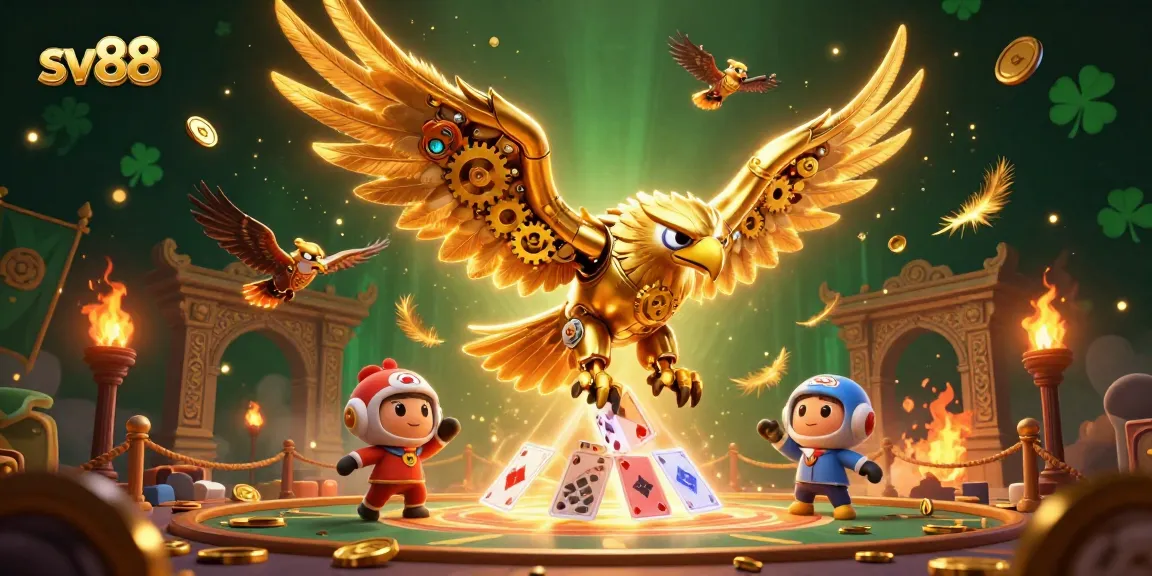 sv88 showcases a cybernetic eagle soaring through gambling-themed holographic cards.