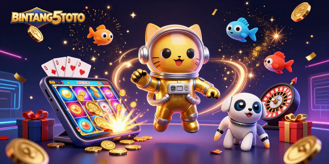 BINTANG5TOTO showcases thrilling casino action with a space cat, robot dog, and galactic gaming elements.