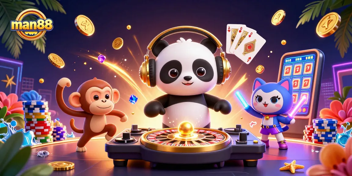 man88 showcases a vibrant casino scene with a DJ panda and a breakdancing monkey, featuring interactive gambling elements.