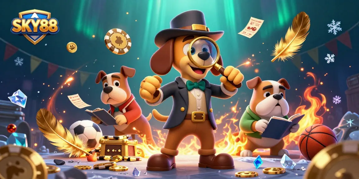 Engage in betting excitement with SKY88 as a cartoon detective examines clues and sports elements.