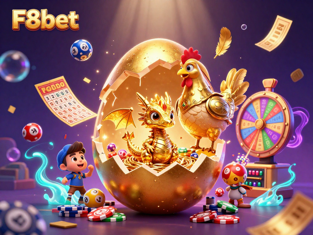 Experience thrilling wins with F8bet's golden treasures in a vibrant casino scene.