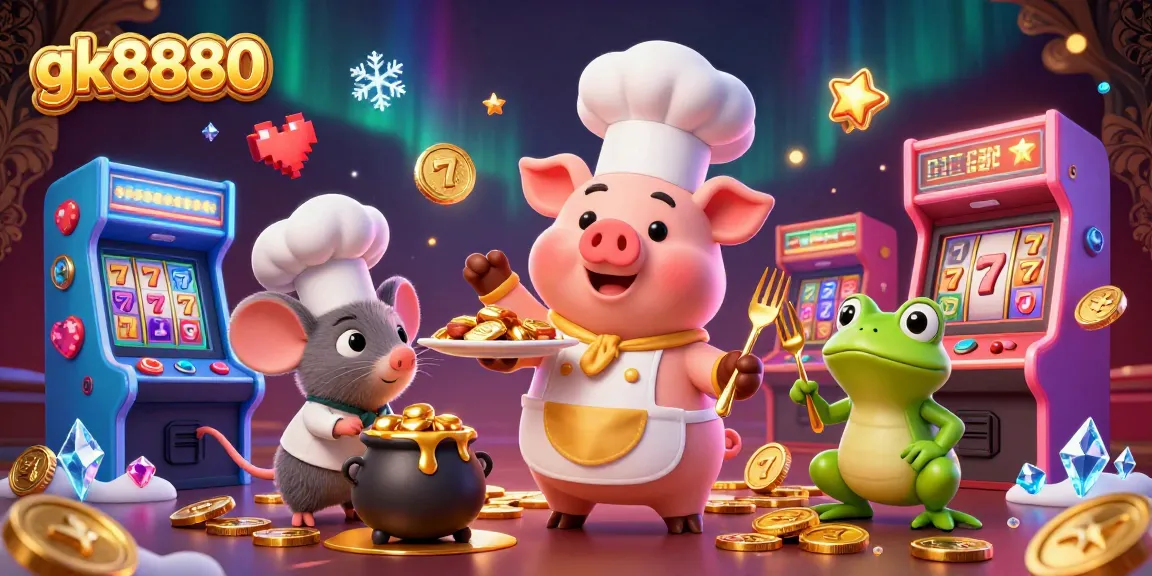 Experience the thrill of gk8880 with a chef pig serving gold coins amidst vibrant casino elements.