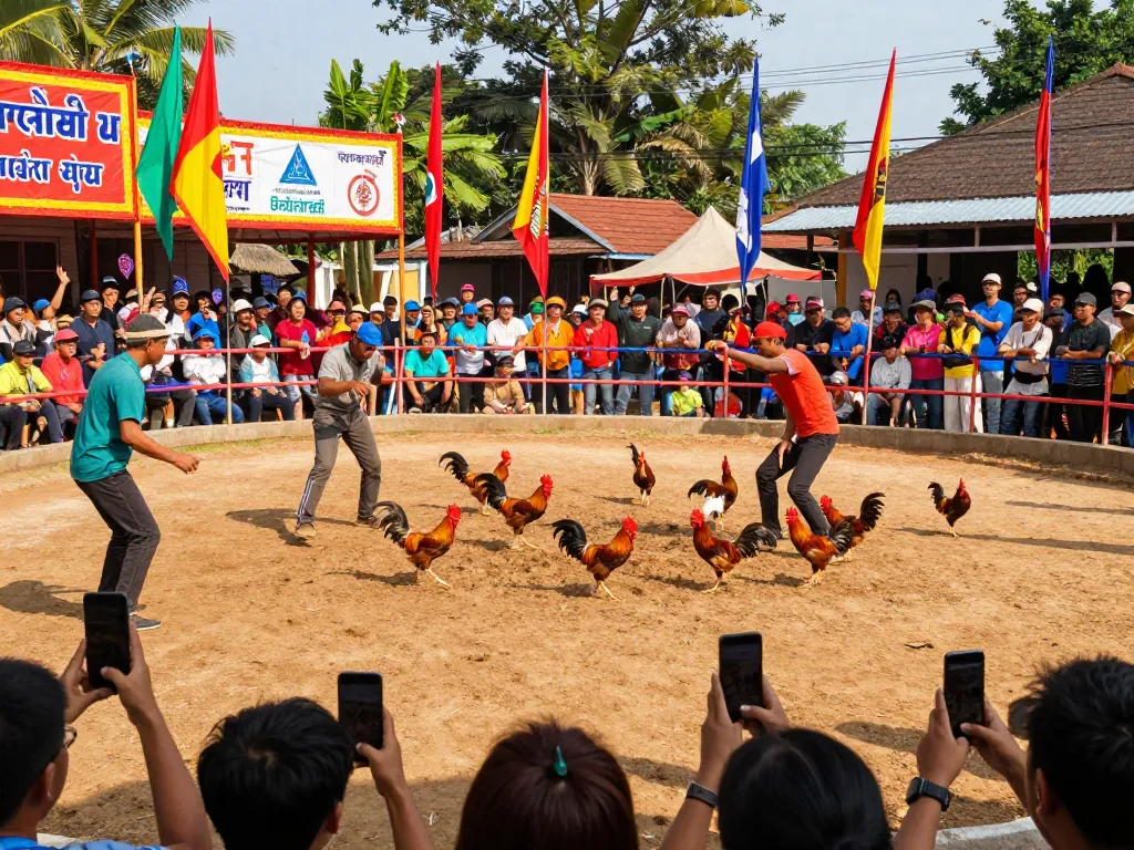 Watch thrilling đá gà trực tiếp matches in a lively arena with cheering spectators and fighting roosters.