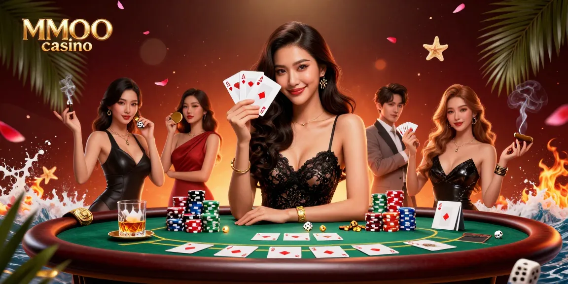 Engage in thrilling poker at MMOO casino with a glamorous Asian woman holding ace cards.