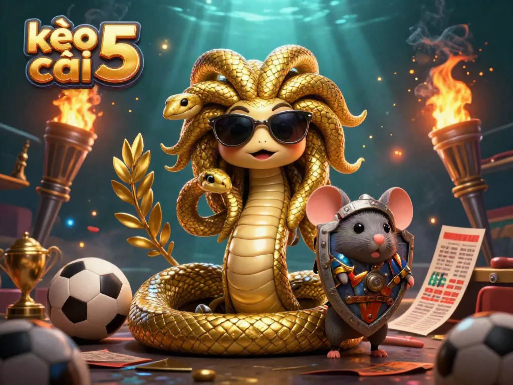 Engage with kèo nhà cái 5 through a lively 3D casino scene showcasing sports betting elements in a vibrant illustration.