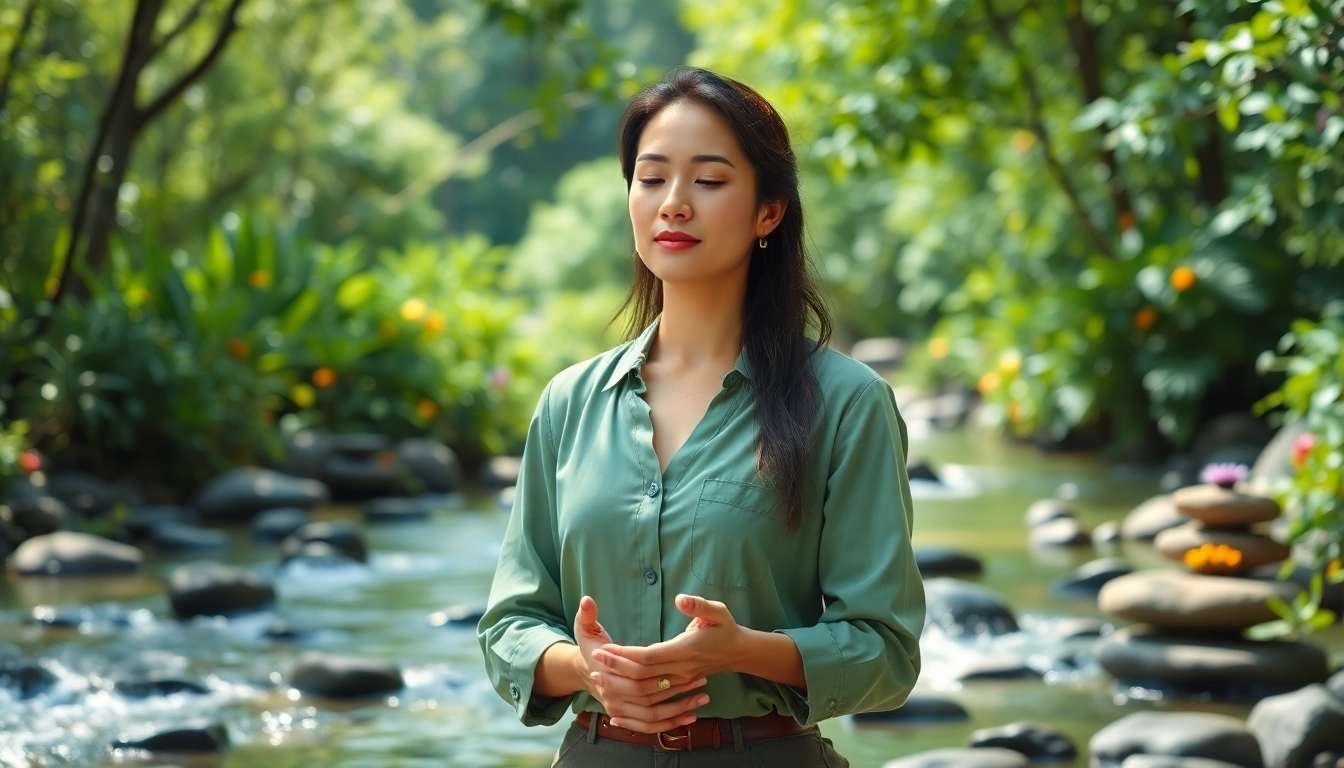 Manage stress and anxiety with techniques illustrated by a wellness coach outdoors.