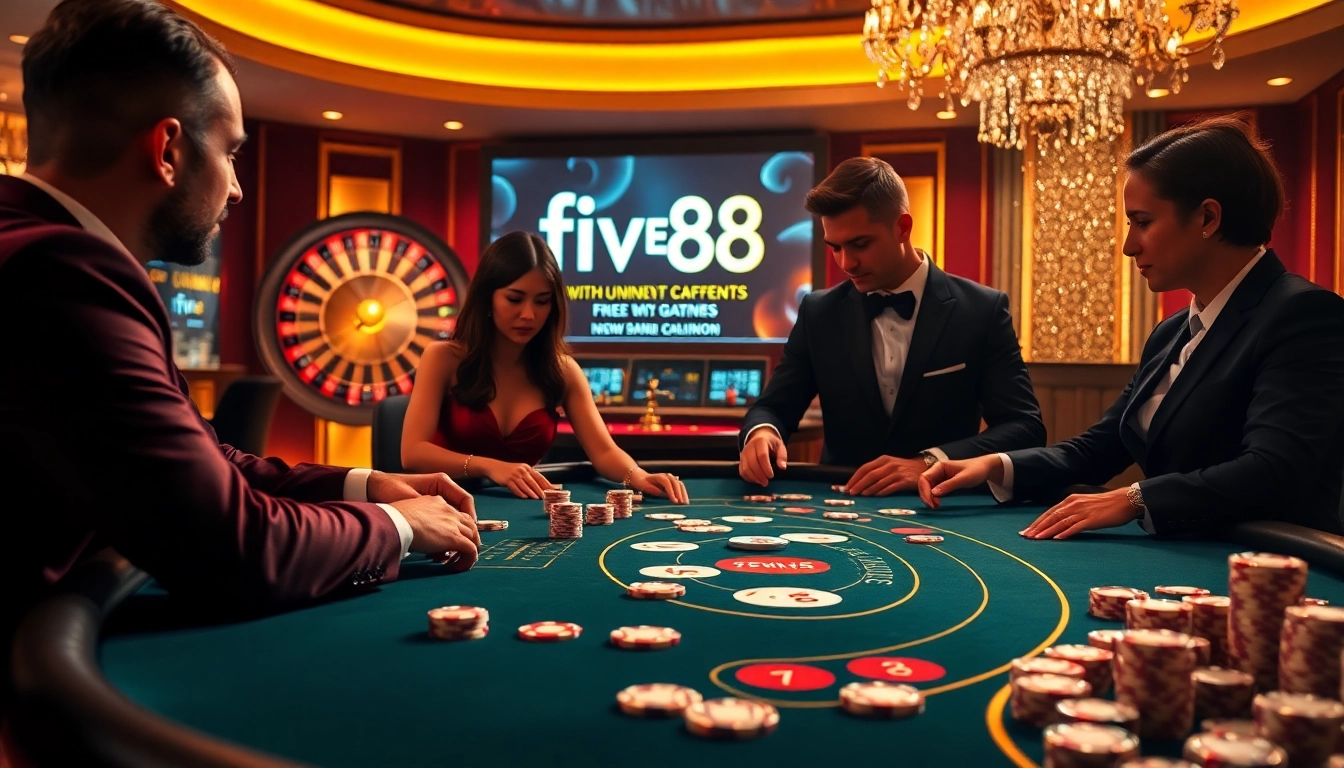 Experience the thrilling five88 casino atmosphere with vibrant tables and players engaging in poker.