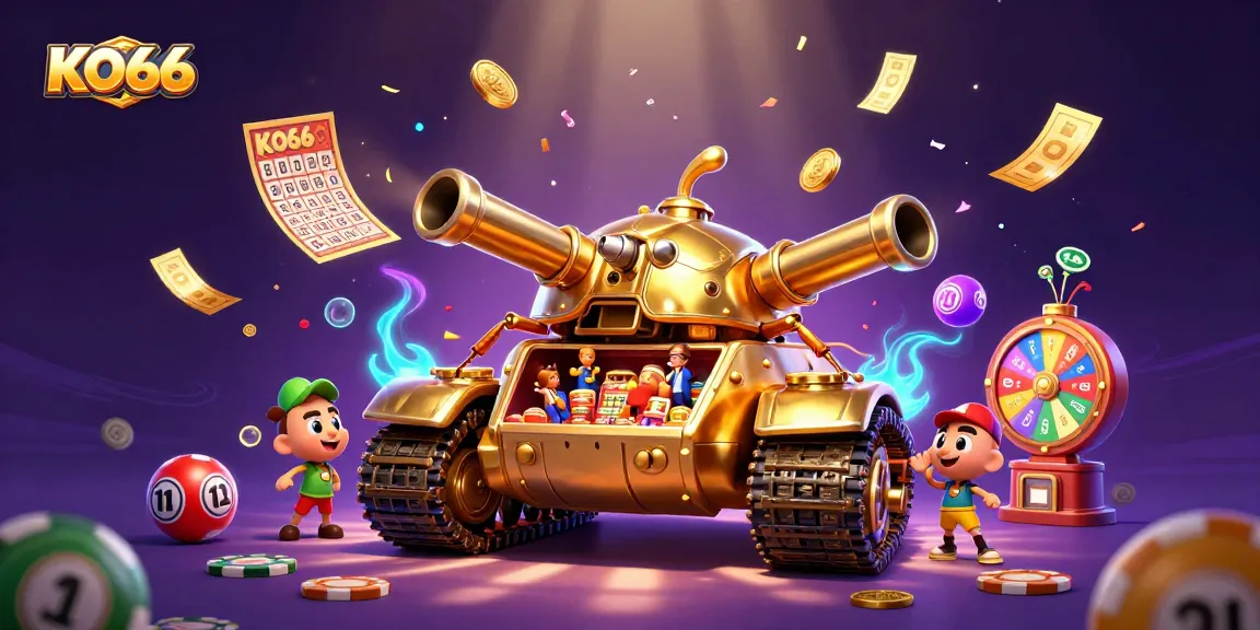 Experience the thrill of KO66 with a vibrant 3D casino scene featuring a beetle tank and dynamic lottery elements.
