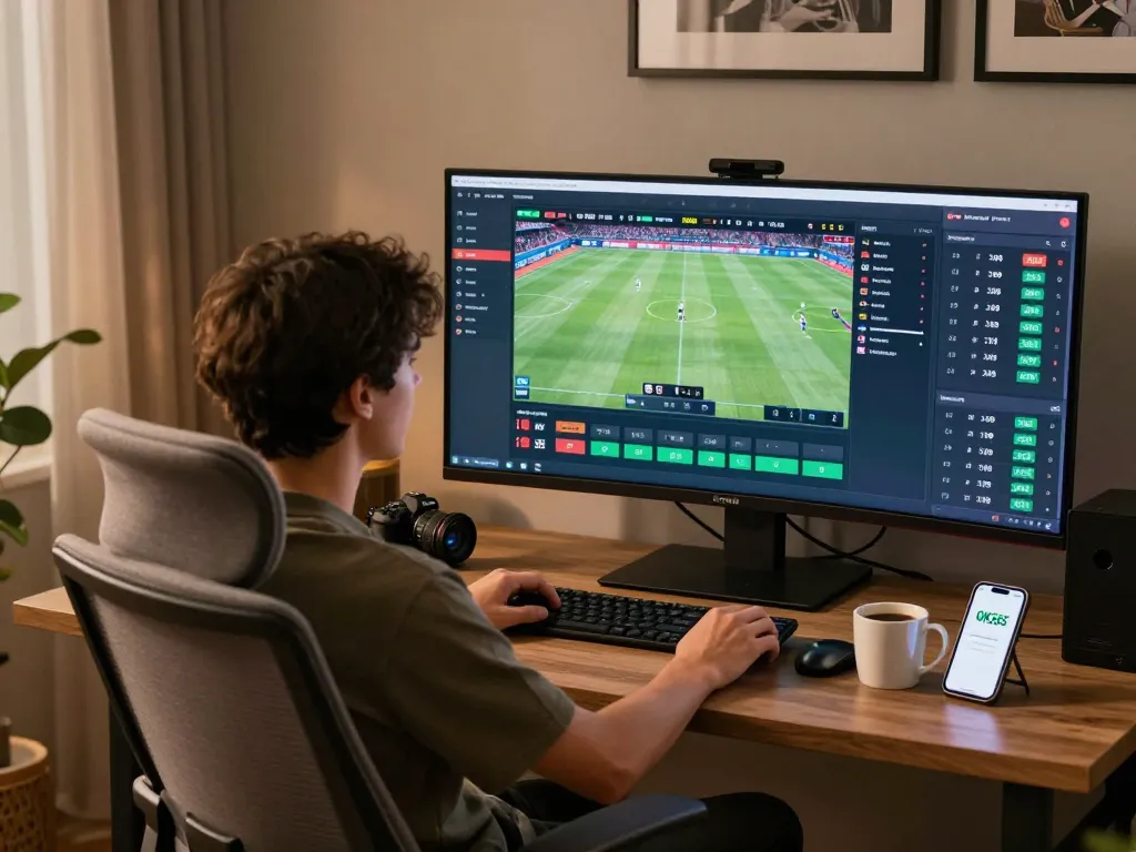 Dynamic online sports betting scene with player using OK365 app for strategic wagering.