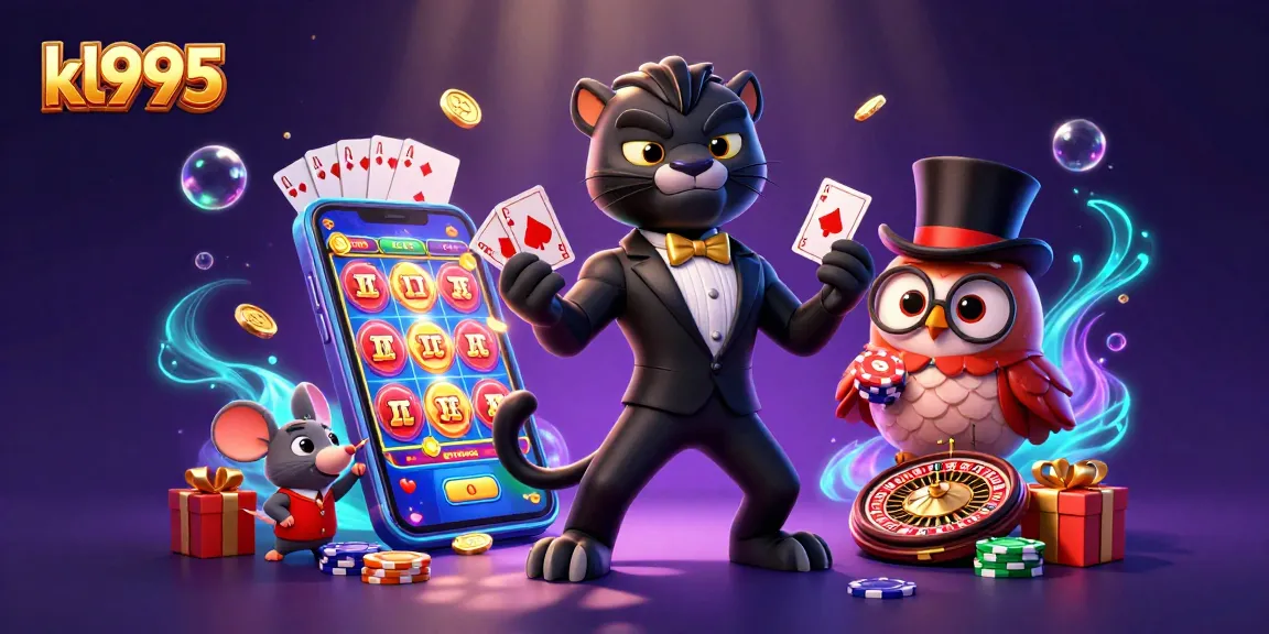 Experience the excitement of kl995 with a stylish panther dealer, owl with poker chips, and lucky mouse surrounded by vibrant casino elements.