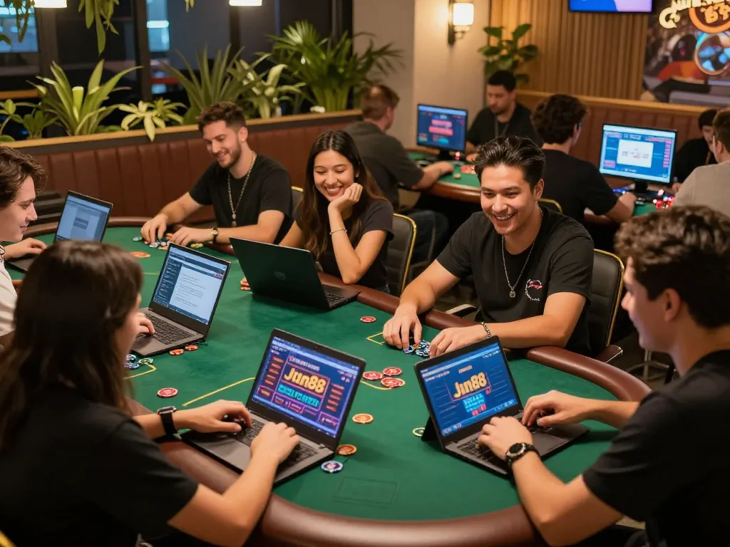 Friends enjoying an engaging session on Jun88 casino app while strategizing poker.