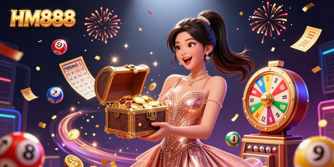 Win big with extravagant treasures at HM888, showcasing an exciting treasure chest and dynamic casino games.