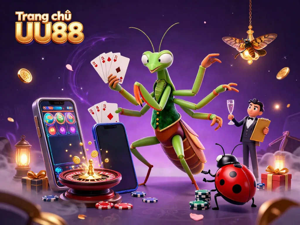 Experience the vibrant energy of Trang chủ UU88 with a dynamic casino illustration featuring playful characters and exciting game elements.
