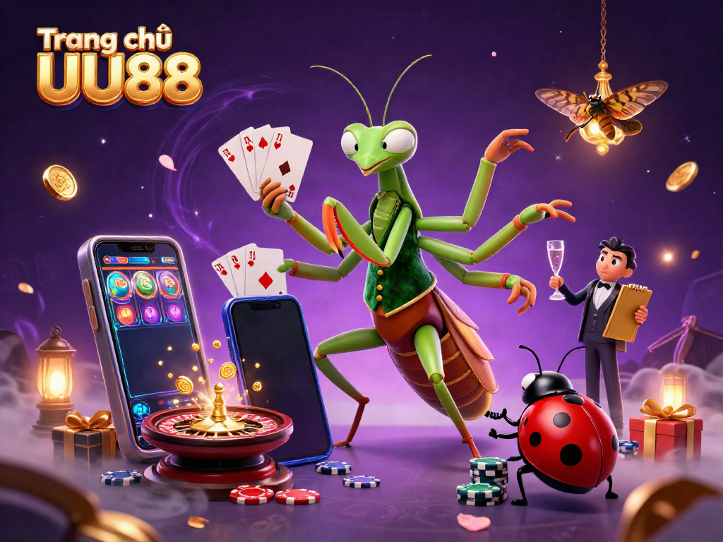 Experience the vibrant energy of Trang chủ UU88 with a dynamic casino illustration featuring playful characters and exciting game elements.