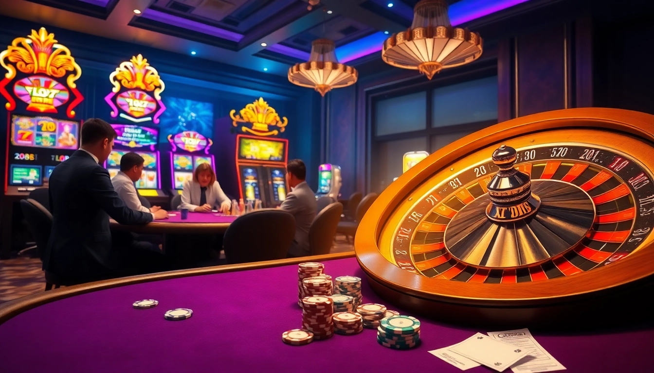 Experience thrilling gameplay at XO88's poker table with vibrant slot machines in view.
