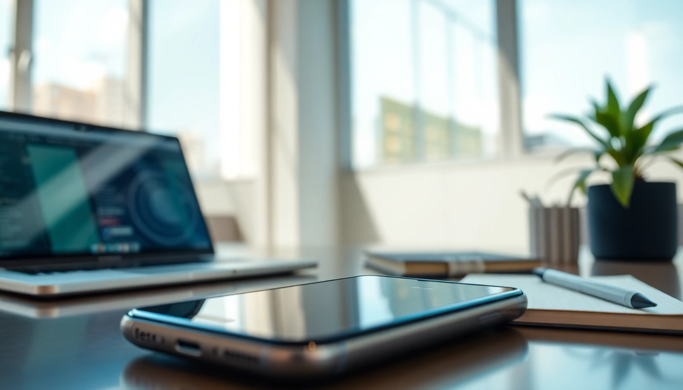 快连下载 app showcased on a mobile device in a modern workspace environment, emphasizing connectivity and technology.