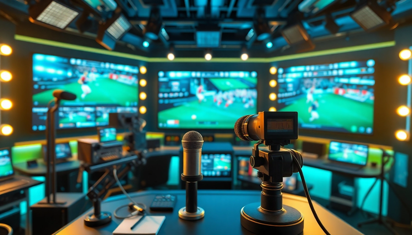 Engaging sports broadcasting studio displaying live sports events with advanced technology.