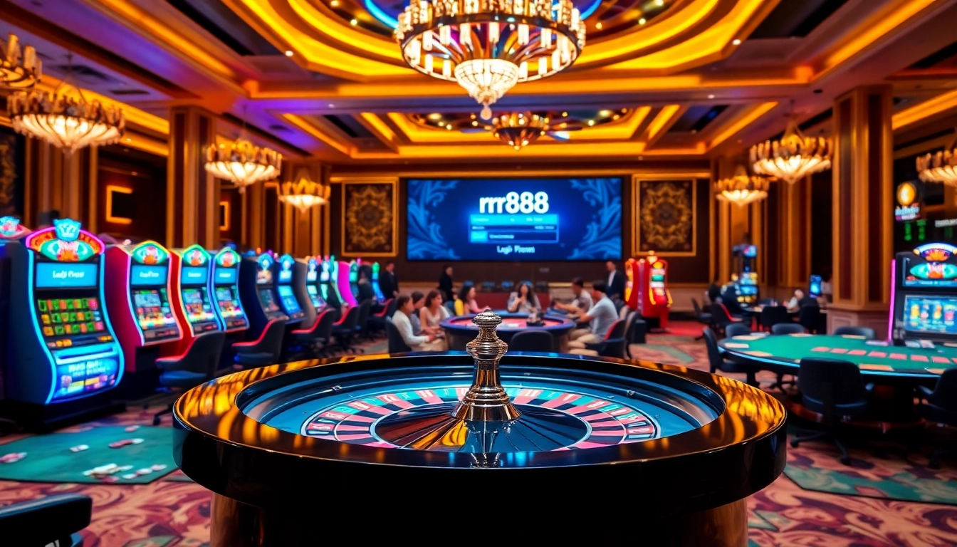 Experience rr88 đăng nhập in a vibrant casino atmosphere filled with gaming tables and slot machines.