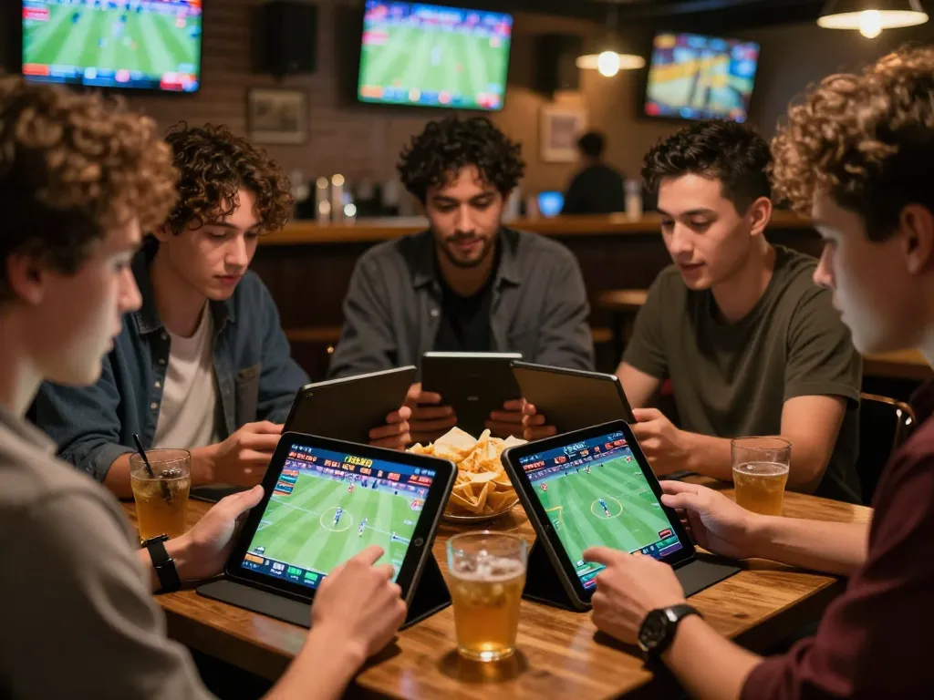 Engaging in sports betting with SC888 using modern devices in a lively sports bar