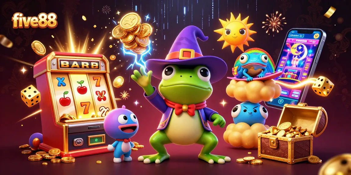 Join the five88 adventure with golden coins and casino excitement in this vibrant 3D illustration.
