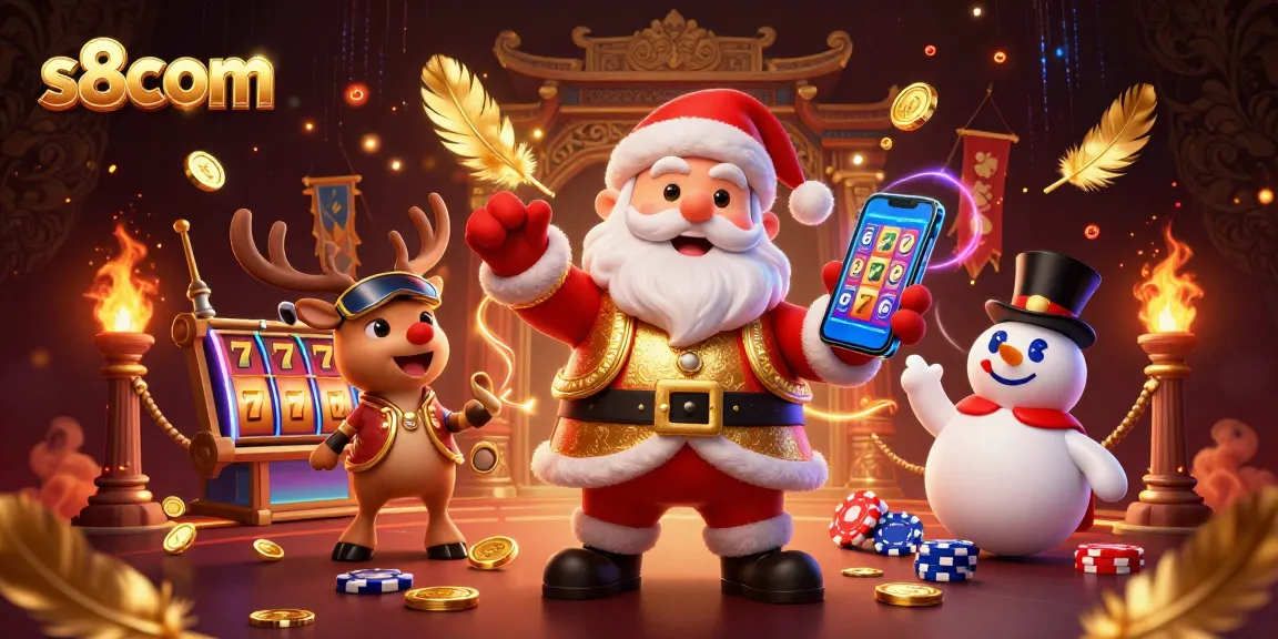 Experience big wins at s8com with Santa holding jackpot slots in a vibrant casino setting.