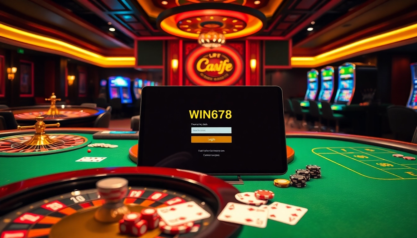 Engaging scene showcasing the WIN678 login interface amidst vibrant casino elements like poker chips and cards.