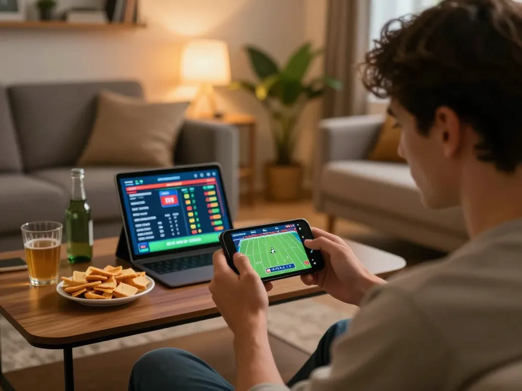 j188 player engaging in sports betting on smartphone with informative tablet odds displayed.
