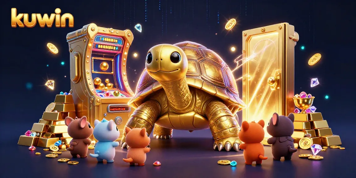 Engage in thrilling gameplay with kuwin's vibrant casino scene of a tortoise-pinball and golden treasures.