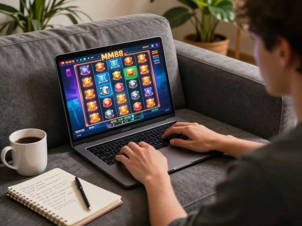 Engaging scene of a player enjoying MM88 online casino games on their laptop, showcasing a vibrant gaming interface