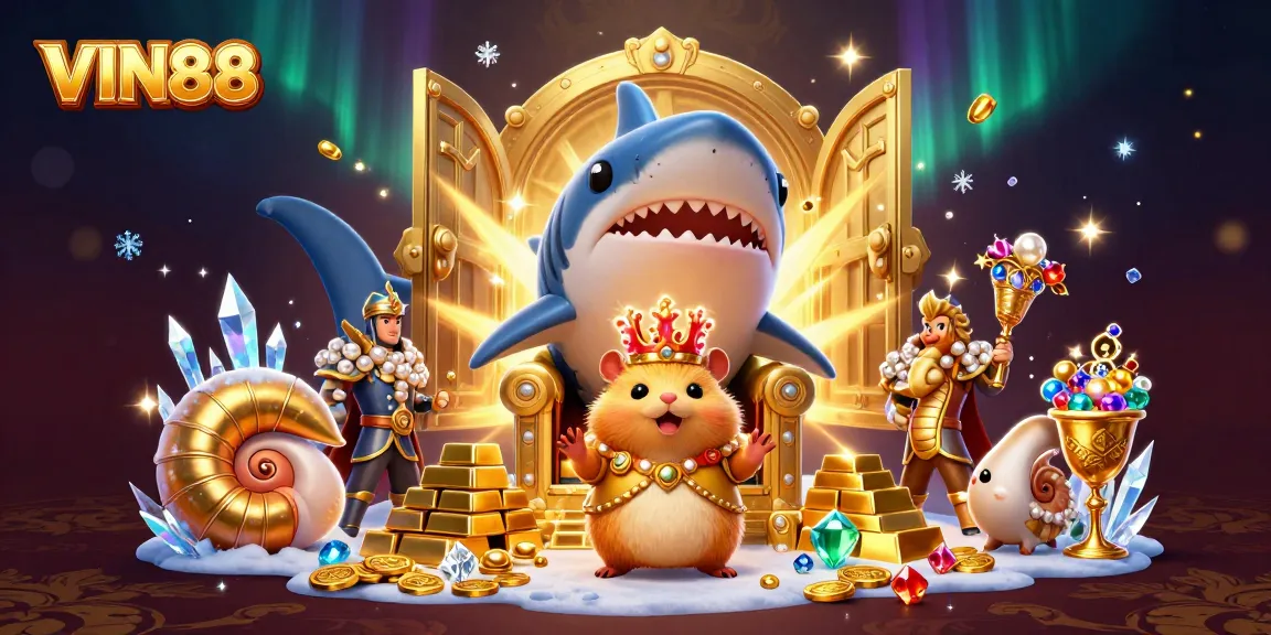 Experience thrilling wins at VIN88 with a hamster king overseeing a treasure-laden casino realm full of excitement.