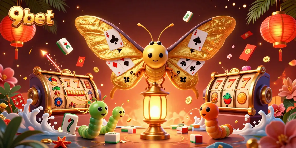 Engage with 9bet's vibrant casino environment featuring a majestic moth, slot reels, and festive elements.