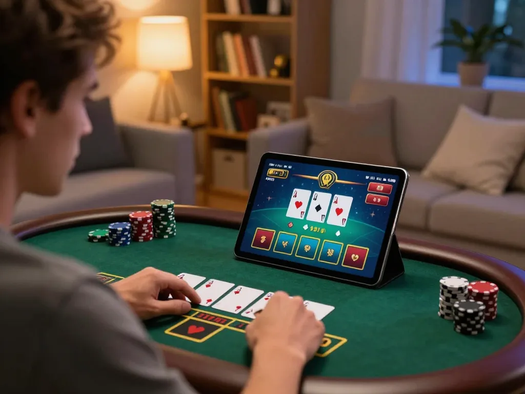 Player enjoying an engaging sunwin blackjack game on their tablet in a cozy home setting.